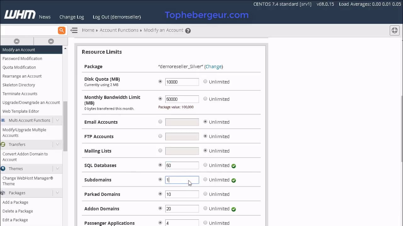 Comment modifier un compte d’hébergement web dans WHM ?