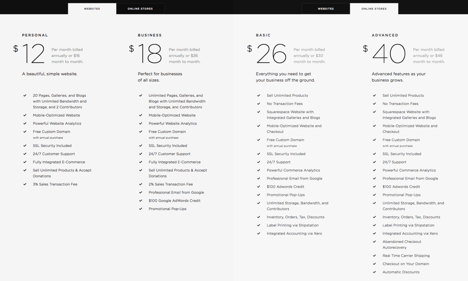 Squarespace pricing