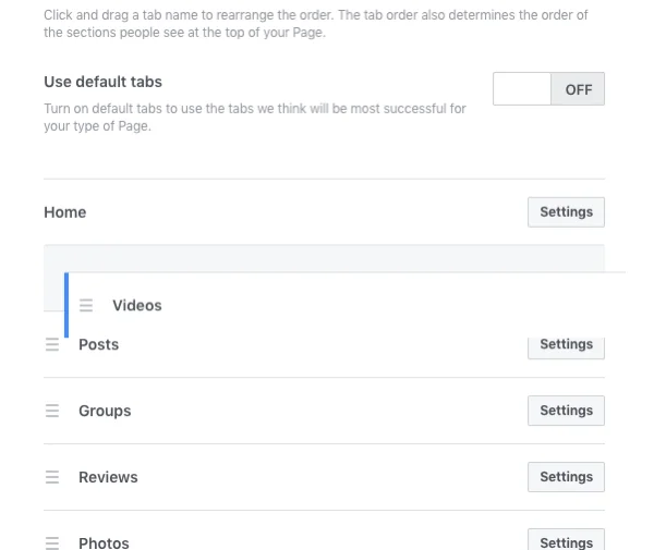 reorder facebook business page tabs