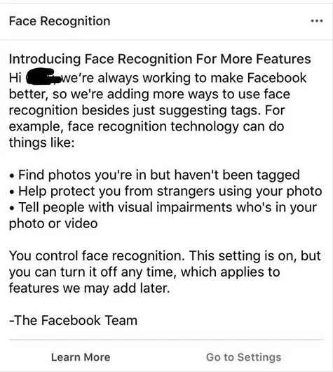 Message de facebook reconnaissance faciale