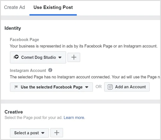 facebook ad use existing post