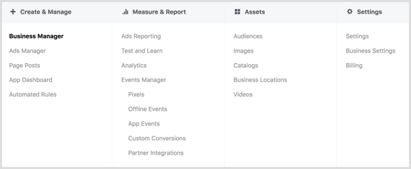 facebook business manager menu