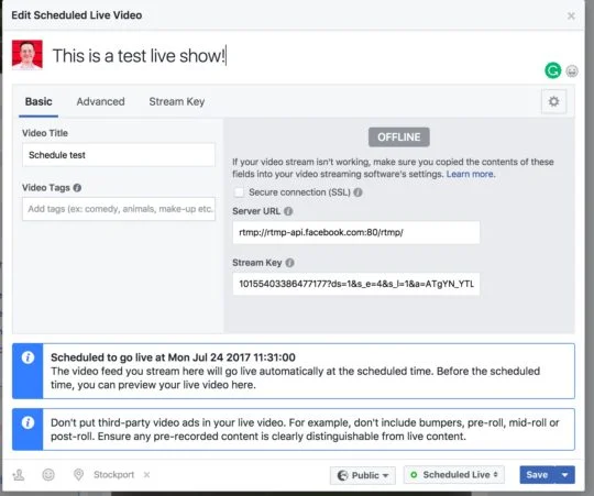 Diffuser sur Facebook au moins 30 minutes avant le live