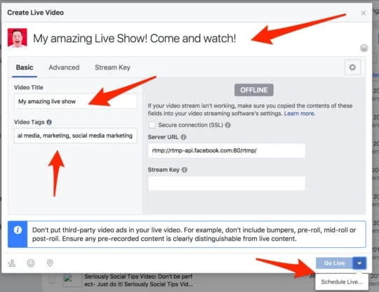 Aller en Direct et choisissez Schedule Live.