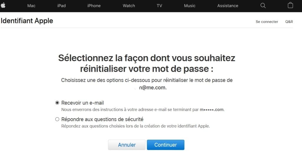 Sélectionnez la façon dont vous souhaitez réinitialiser votre mot de passe