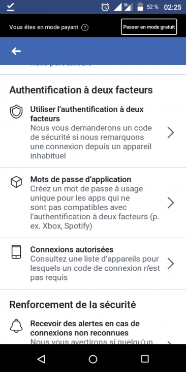 authentification à deux facteurs du compte Facebook