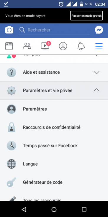 option "Paramètres et vie privée" du compte Facebook