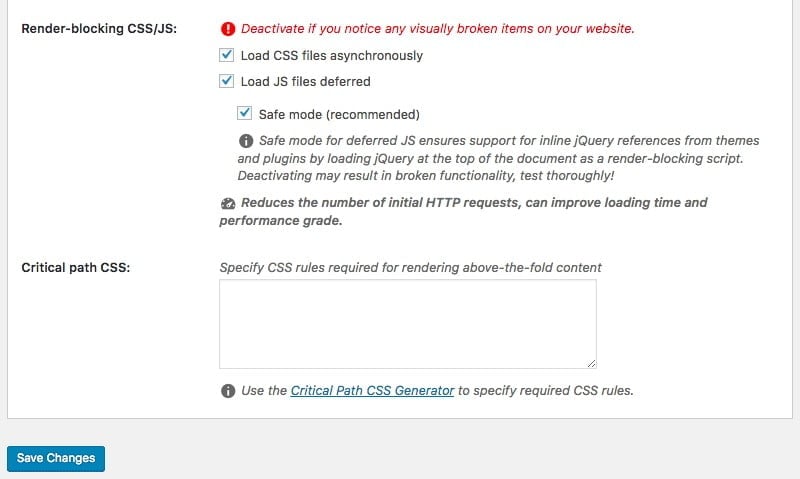 Activez les options situées à côté de « render-blocking CSS/JS ».