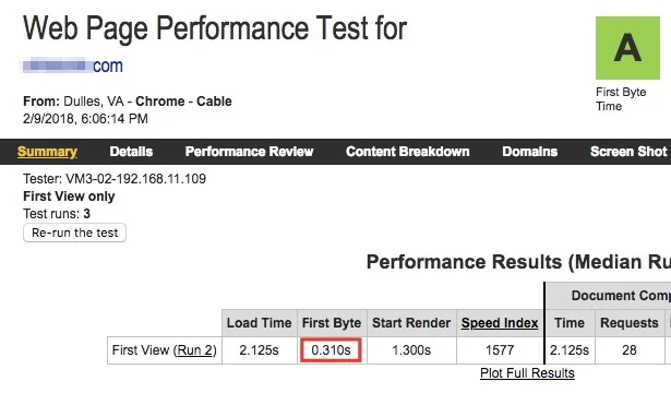 Webpagespeed test résultat first byte
