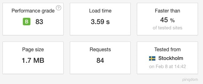 résultat de test de vitesse du site avec pingdom