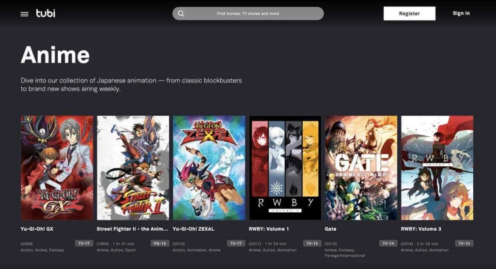 Tubi TV sites de streaming d'anime gratuits