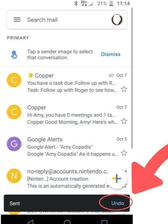 Rappel mail application mobile Gmail,