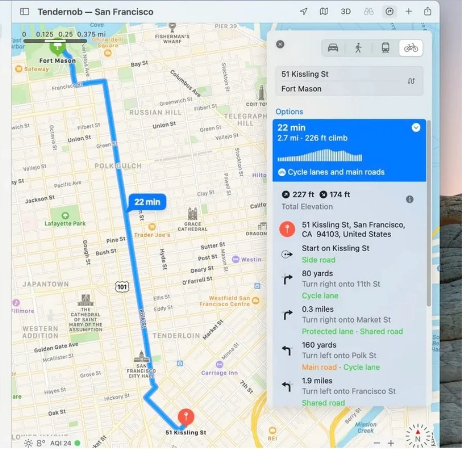 Itinéraires à vélo dans Apple Maps