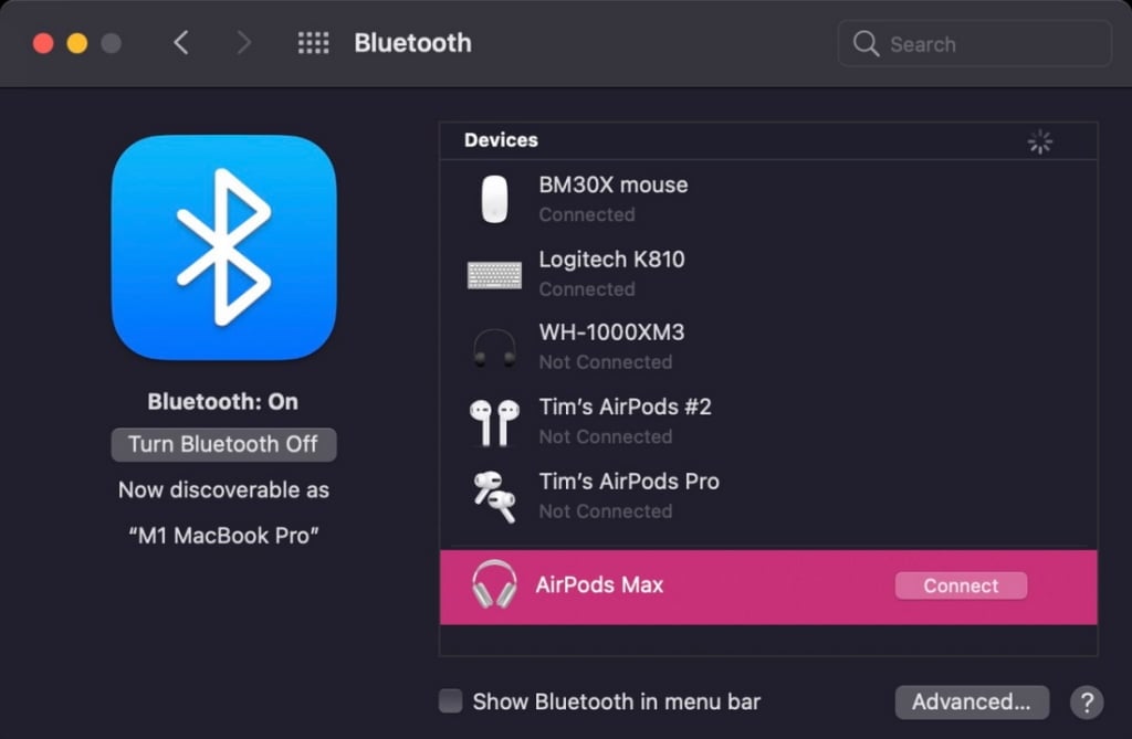cliquez sur Connexion dans la section Bluetooth