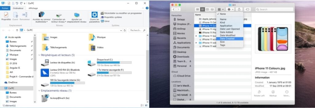 Explorateur de fichiers Windows 10 vs Finder Macos