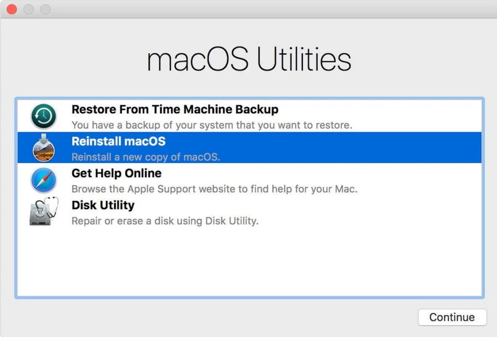 Sélectionnez réinstaller macos depuis l'utilitaire