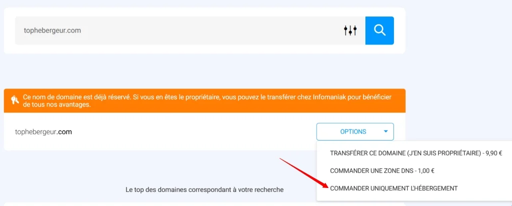 Cliquez sur commander uniquement l'hébergement