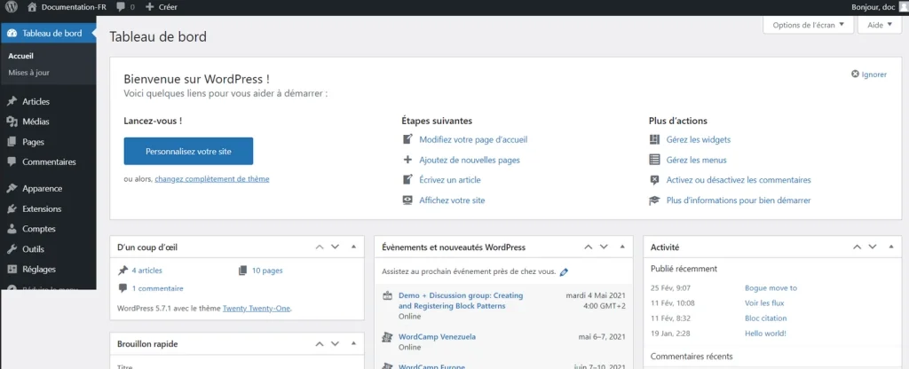 tableau de bord WordPress