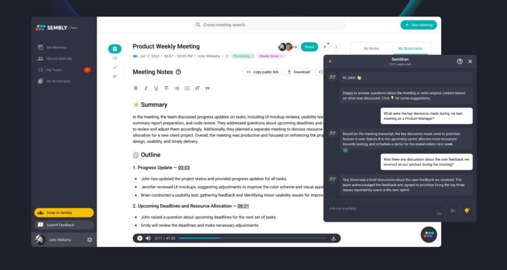 Prise de notes de réunion par l'IA de Sembly